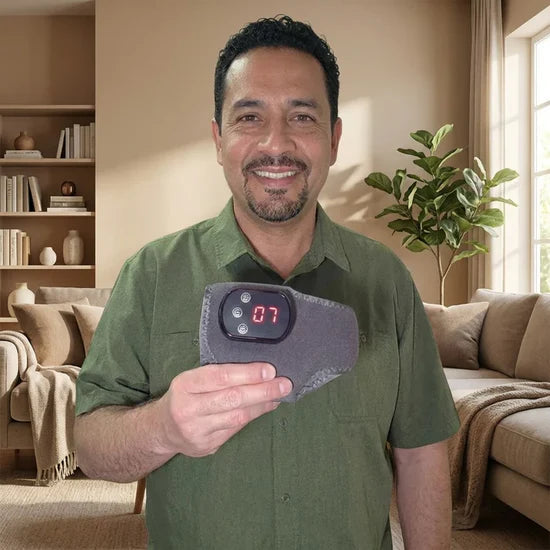 Hombre sonriendo con el masajeador de pies VenaaFlex en la mano